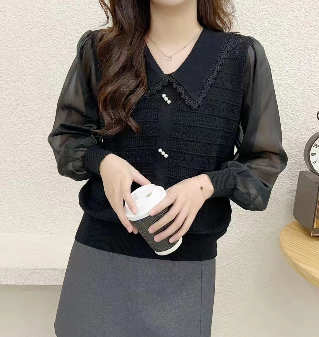 Blouse with Lace Collar and Decorative Buttons