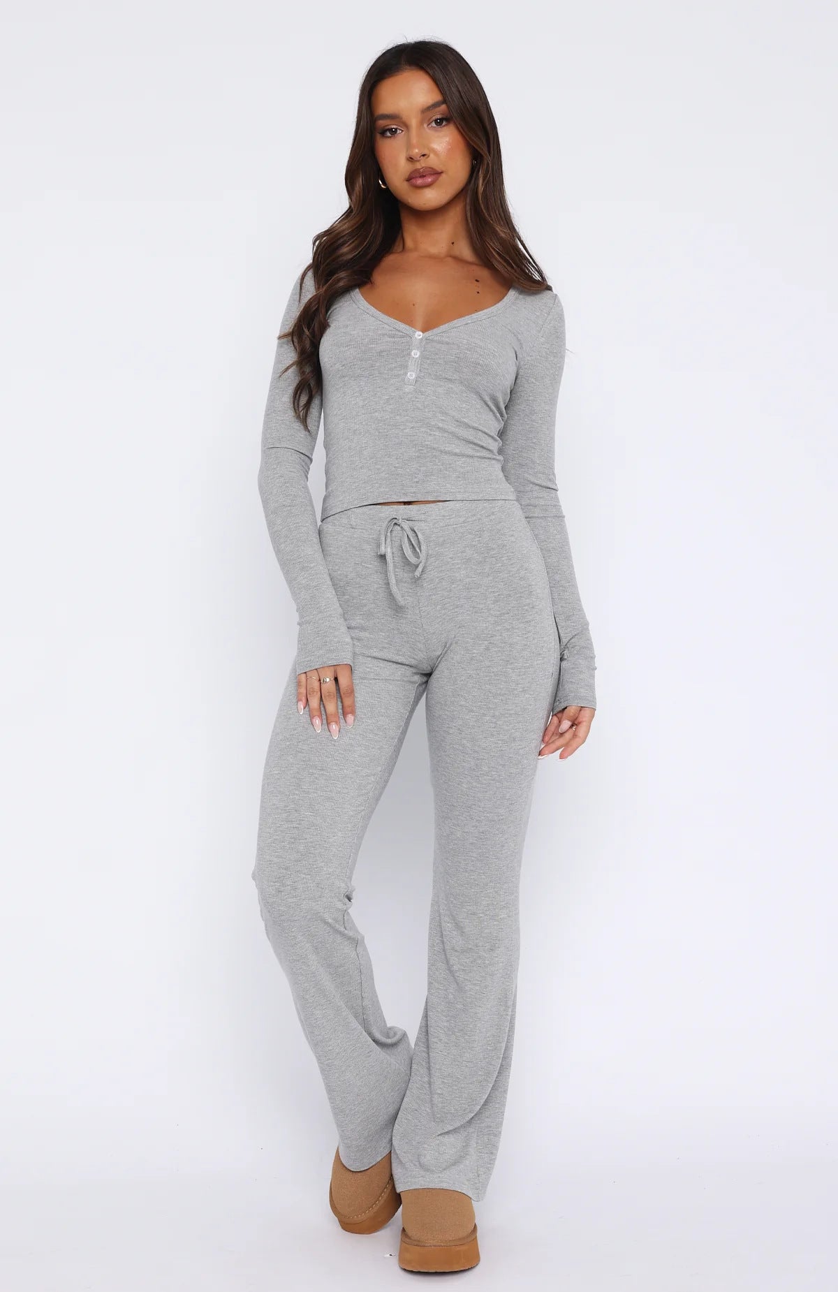 Women's Cozy Lounge Set with Long Top and Flared Pants