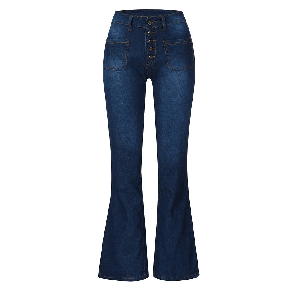 Women's High-Waisted Flared Jeans with Decorative Buttons