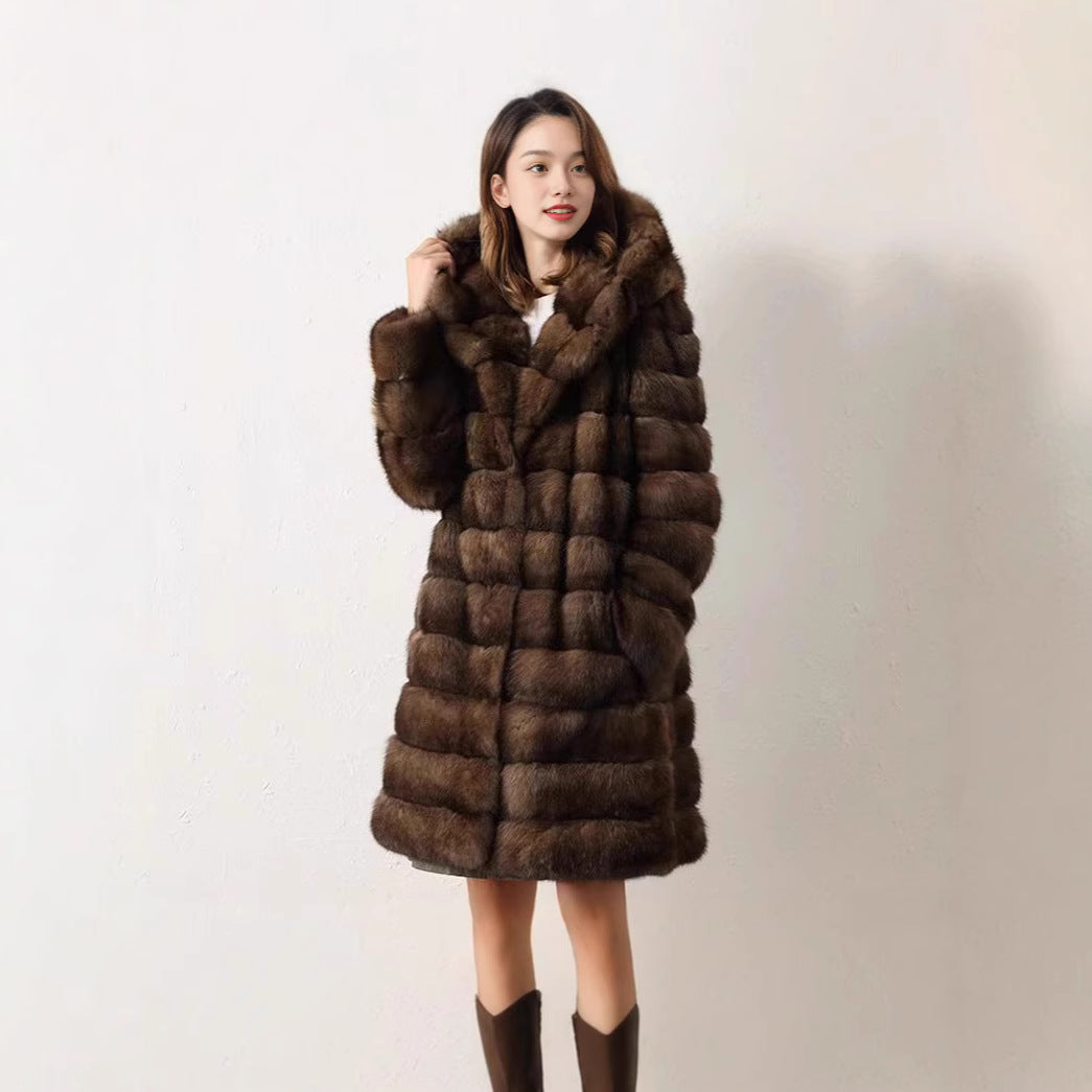 Women's Luxurious Faux Fur Coat in Fashionable Patchwork Design