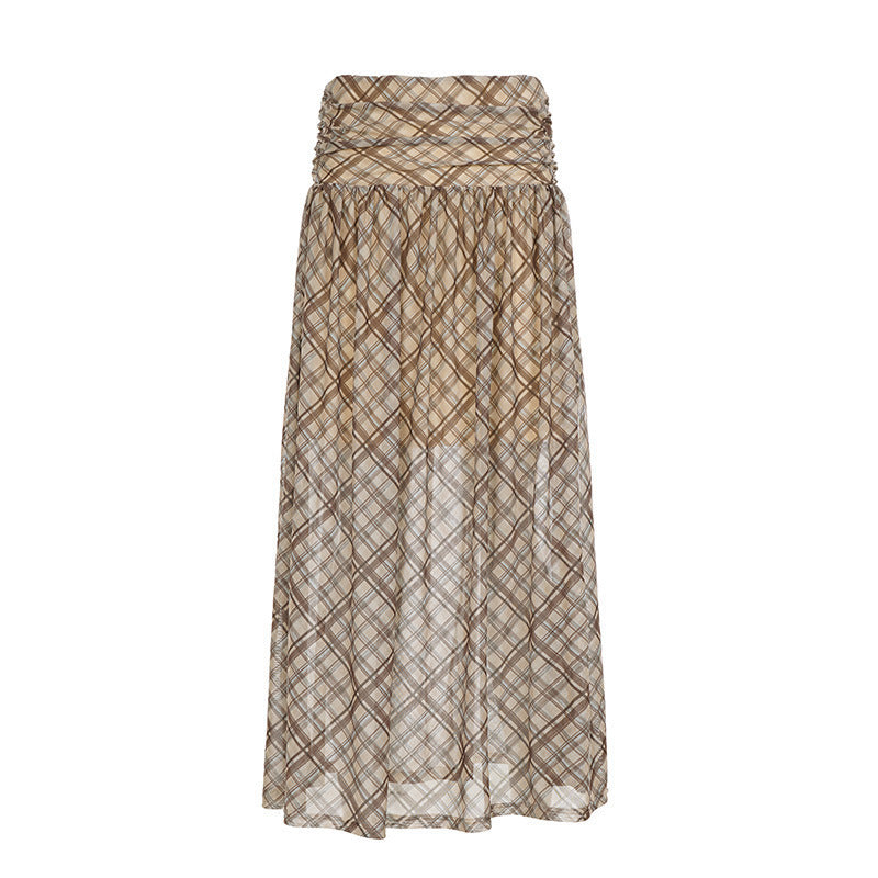Women's Maxi Skirt with Elastic Waist and Plaid Pattern