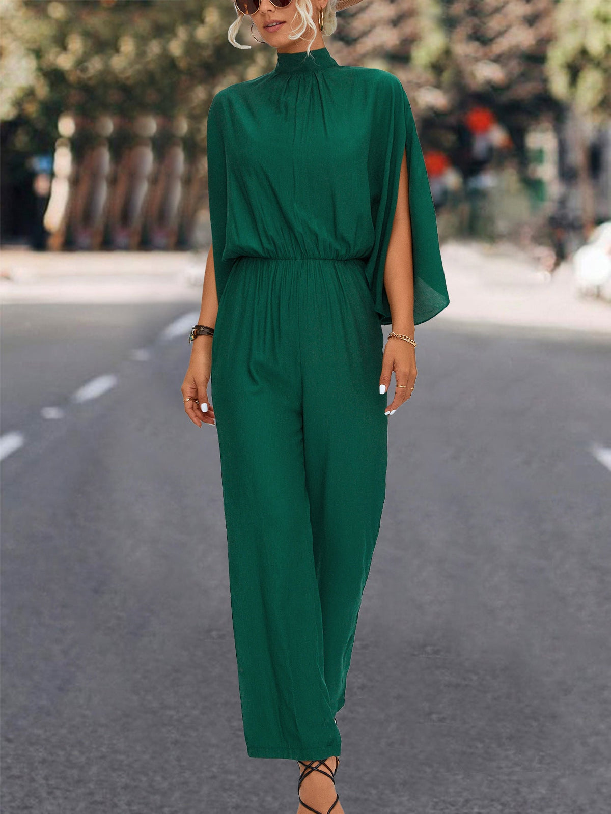 Elegant Women's Jumpsuit with Flowing Cape Design and High Neckline
