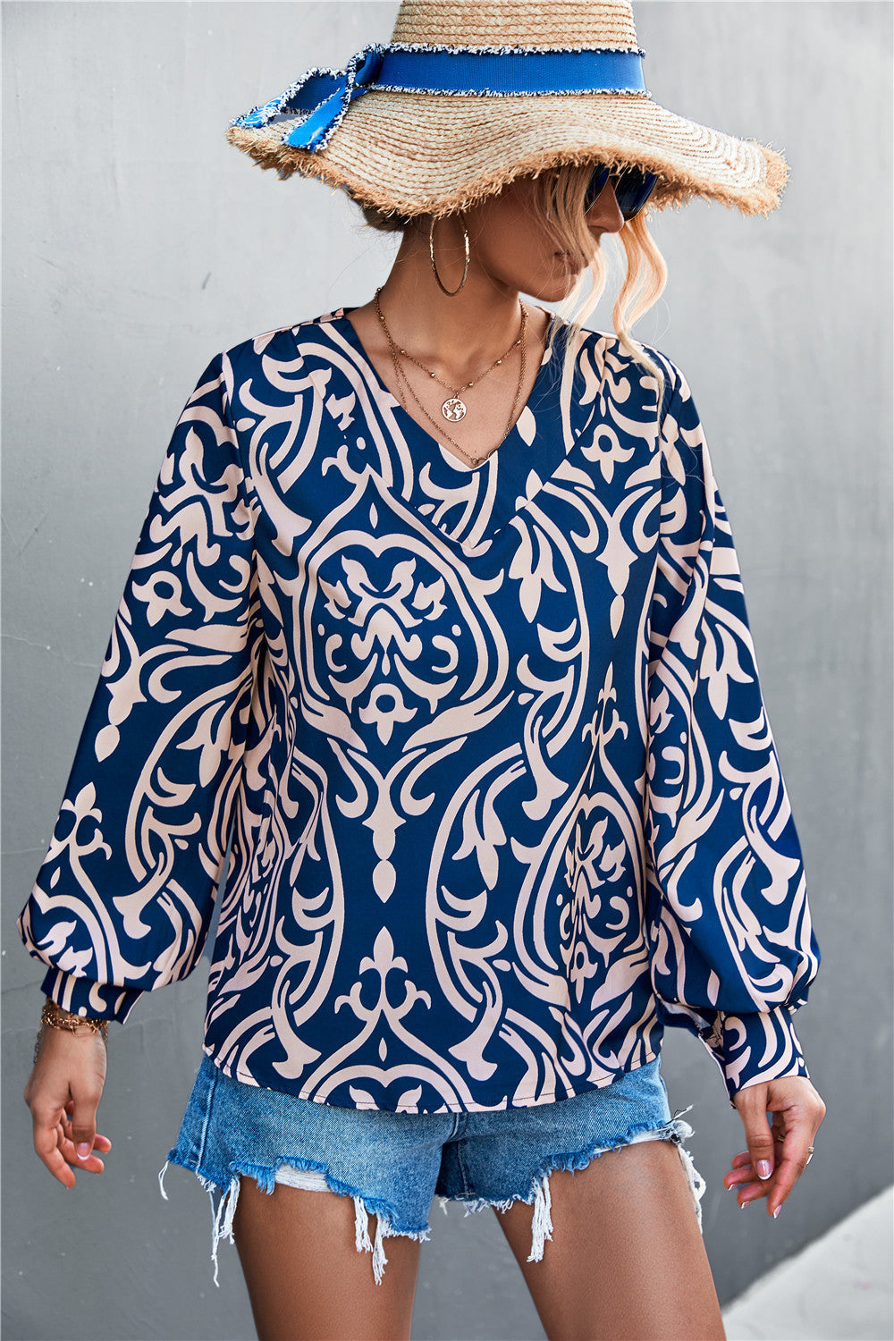 Women's Blouse with Elegant Baroque Pattern and Puff Sleeves
