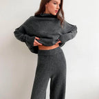 Women's Cozy Knit Ensemble with High Collar and Wide-Leg Pants