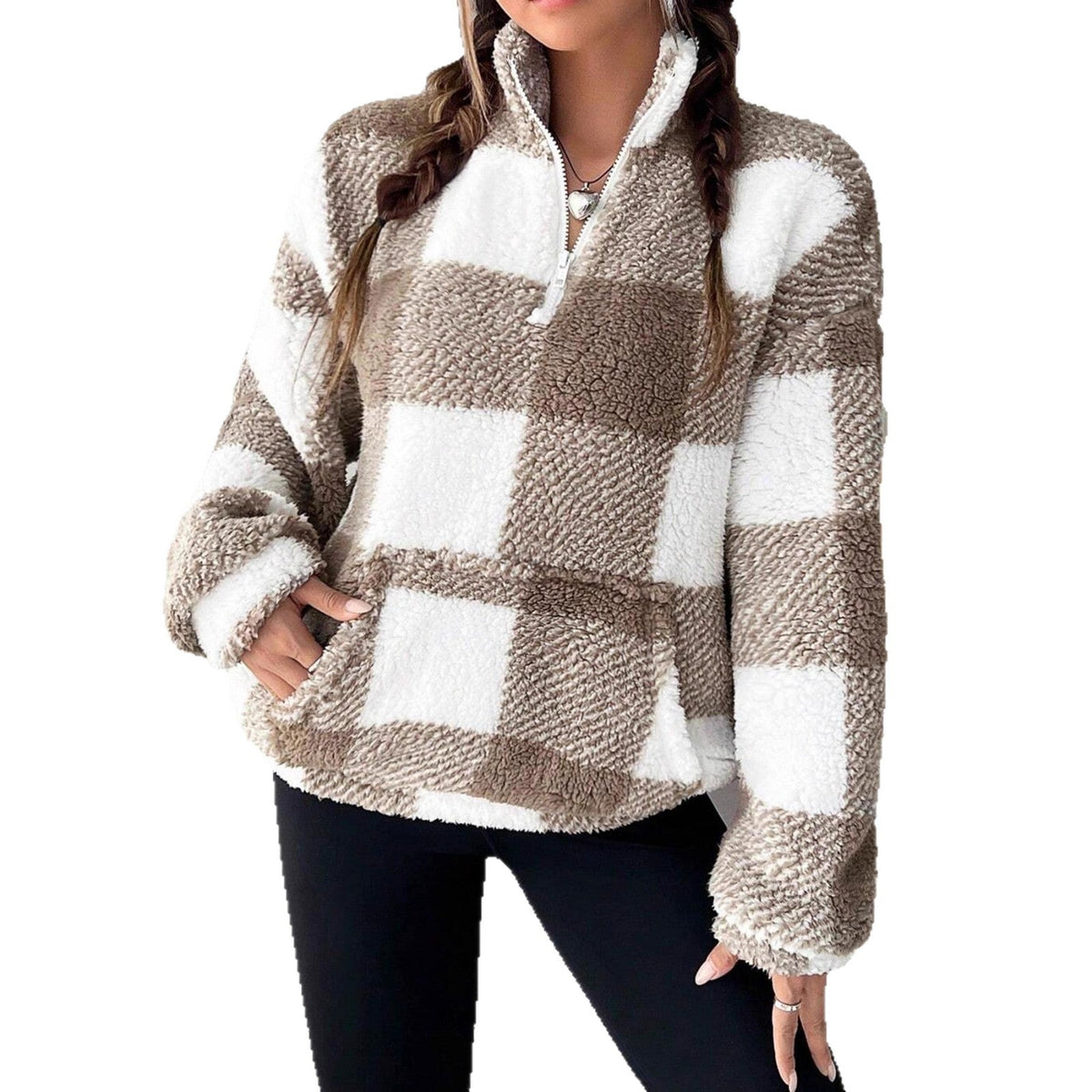 Women's Fluffy Plaid Pullover with Half-Zip