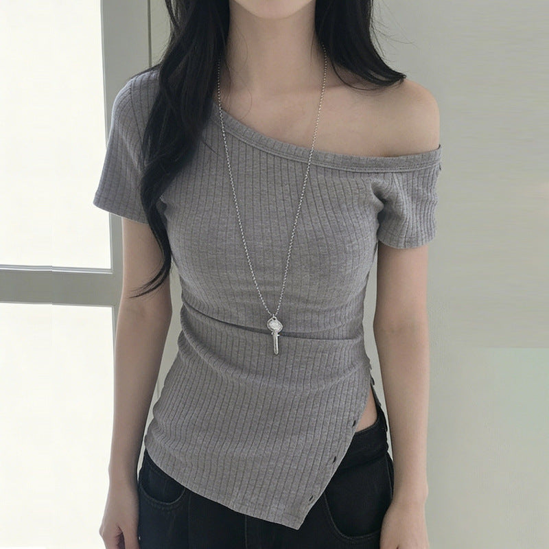 Women's Asymmetrical Short Sleeve Top with Button Details
