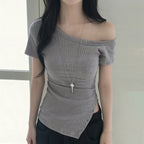 Women's Asymmetrical Short Sleeve Top with Button Details