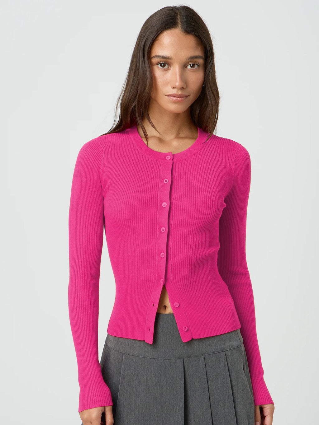 Women's Form-Fitting Knit Cardigan with Button Placket and Long Sleeves