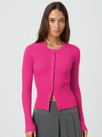 Women's Form-Fitting Knit Cardigan with Button Placket and Long Sleeves