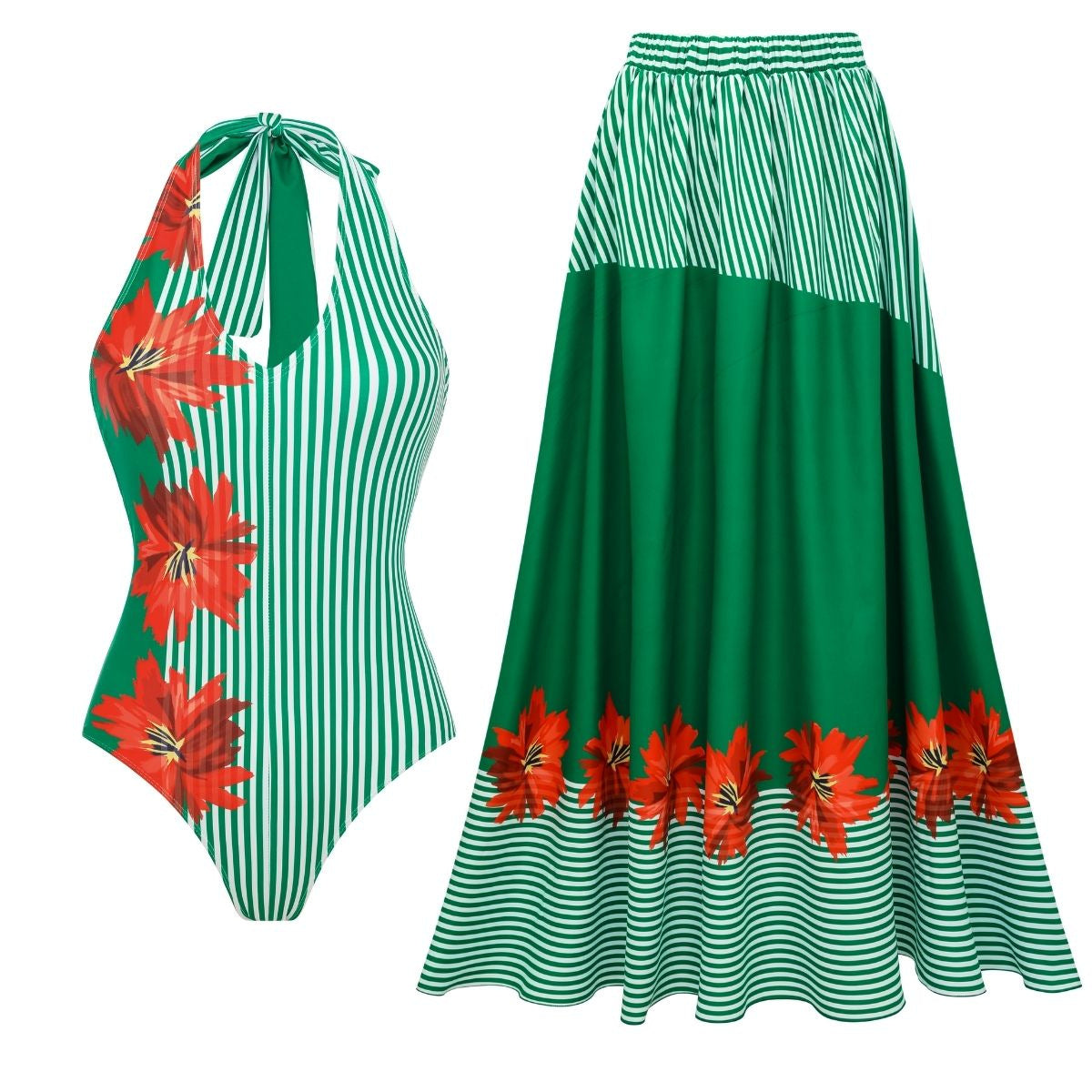 Women's Swimsuit with Ruffle Design and Matching Maxi Skirt
