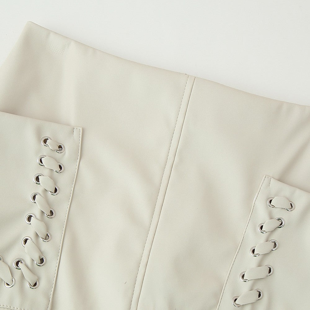Women's Mini Skirt with Decorative Lace-Up Details and Pockets
