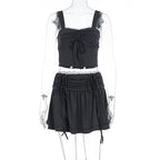 Women's Fashionable Crop Top and Skirt Set with Ruching and Tie Details