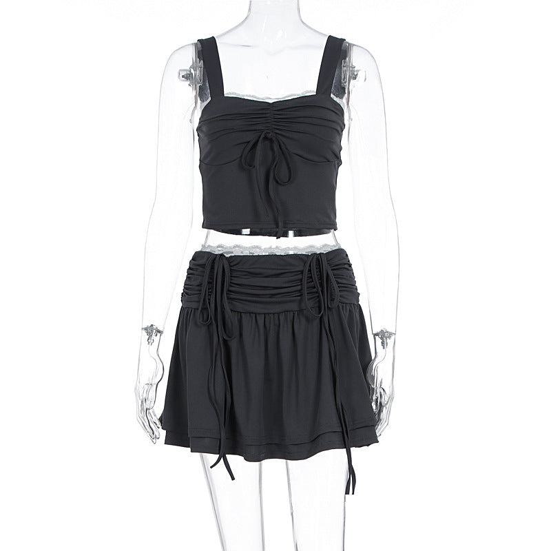 Women's Fashionable Crop Top and Skirt Set with Ruching and Tie Details