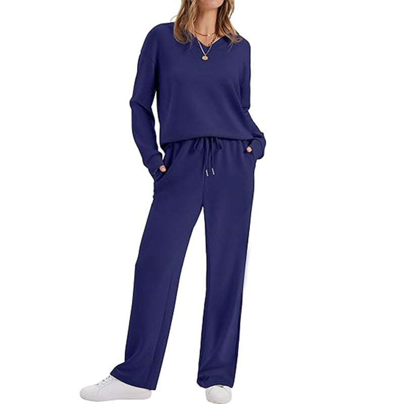 Women's Casual Lounge Set with V-Neck Sweatshirt and Loose Drawstring Pants