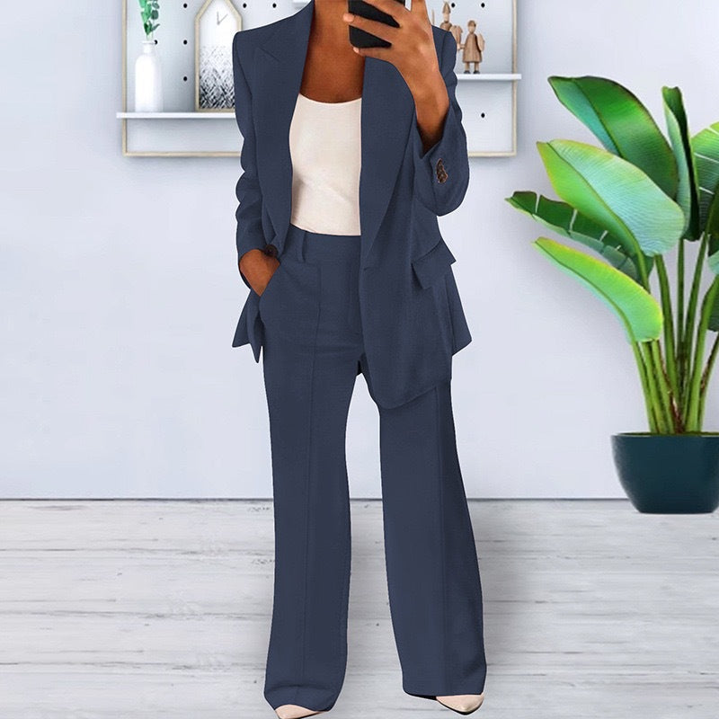 Women's Office-Ready Pantsuit Set with Wide Trousers and Tailored Blazer