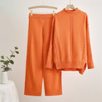Women's Comfortable Knit Loungewear Set with High Cuffs and Decorative Cable Knits