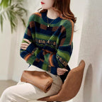 Women's Patterned Knit Sweater with Crew Neck and Soft Fluffy Texture