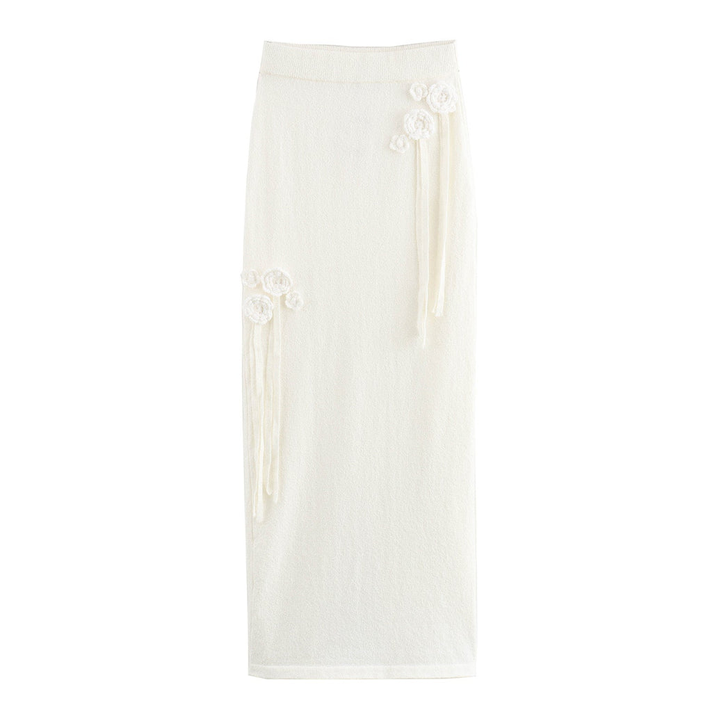 Women's Midi Skirt with Floral Ruffle Design and Elastic Waist