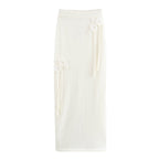 Women's Midi Skirt with Floral Ruffle Design and Elastic Waist