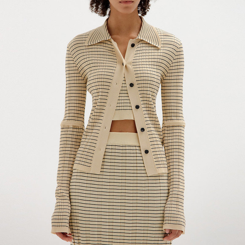Women's Elegant Knit Ensemble with Button Placket and High Collar