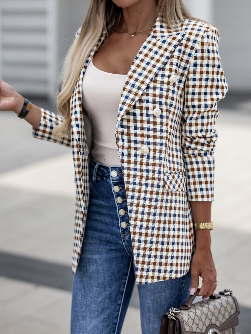 Women's Elegant Plaid Blazer with Double Buttons