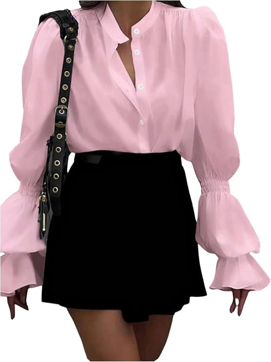 Women's Blouse with Elegant Puff Sleeves and Timeless Stand-Up Collar