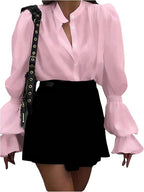 Women's Blouse with Elegant Puff Sleeves and Timeless Stand-Up Collar