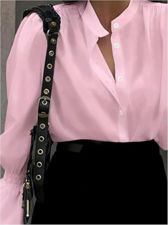 Women's Blouse with Elegant Puff Sleeves and Timeless Stand-Up Collar