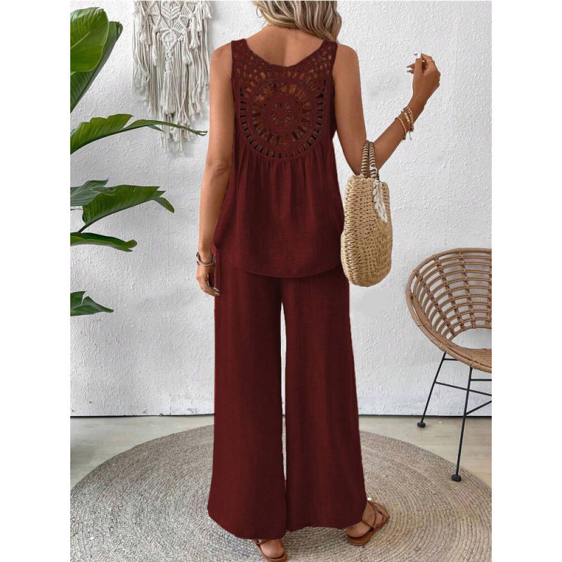 Women's Fashionable Two-Piece Set with Wide-Leg Pants and Sleeveless Top