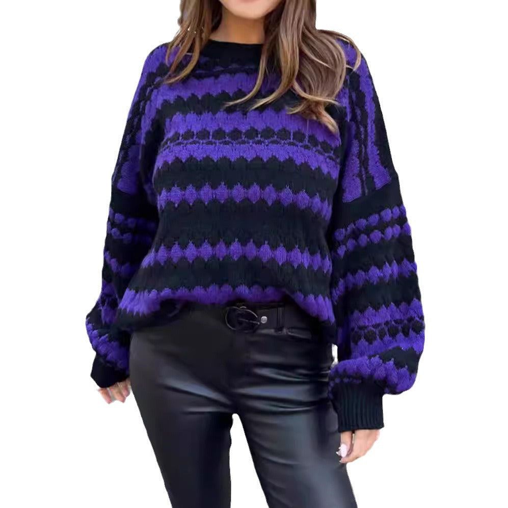 Women's Cozy Knit Sweater with Cable Knit Pattern and Graphic Accents