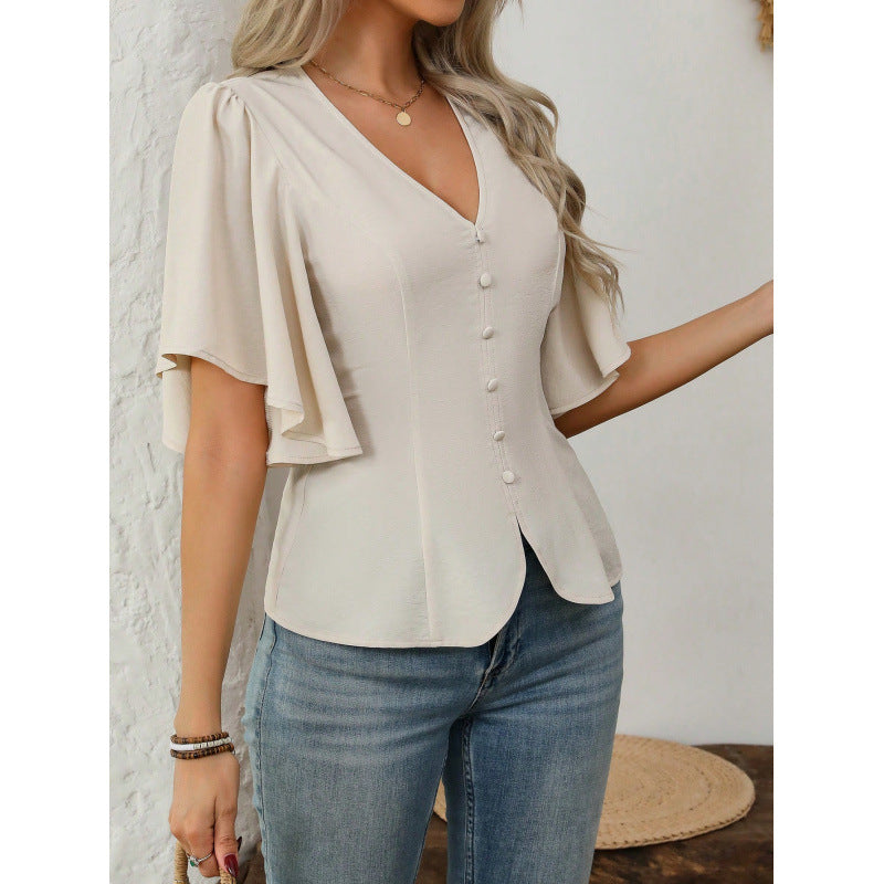 Women's Blouse with Flowing Sleeves and V-Neck