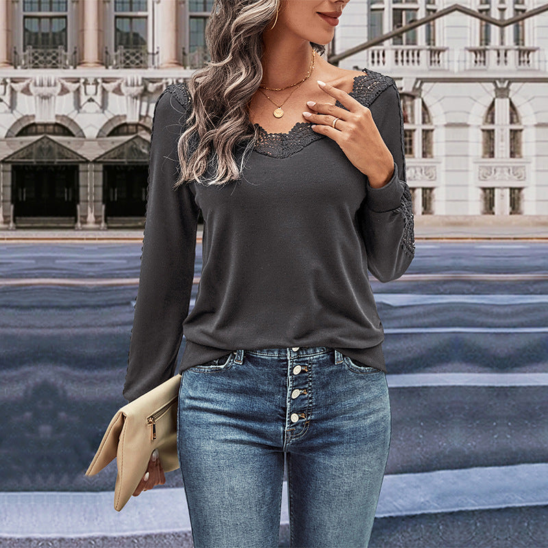 Women's Long Sleeve Blouse with Romantic Lace Trim