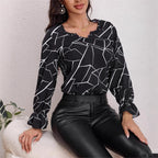 Women's Blouse with Geometric Pattern and Ruffle Details