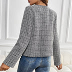 Elegant Women's Tweed Jacket with Double-Breasted Button Placket and Textured Fabric