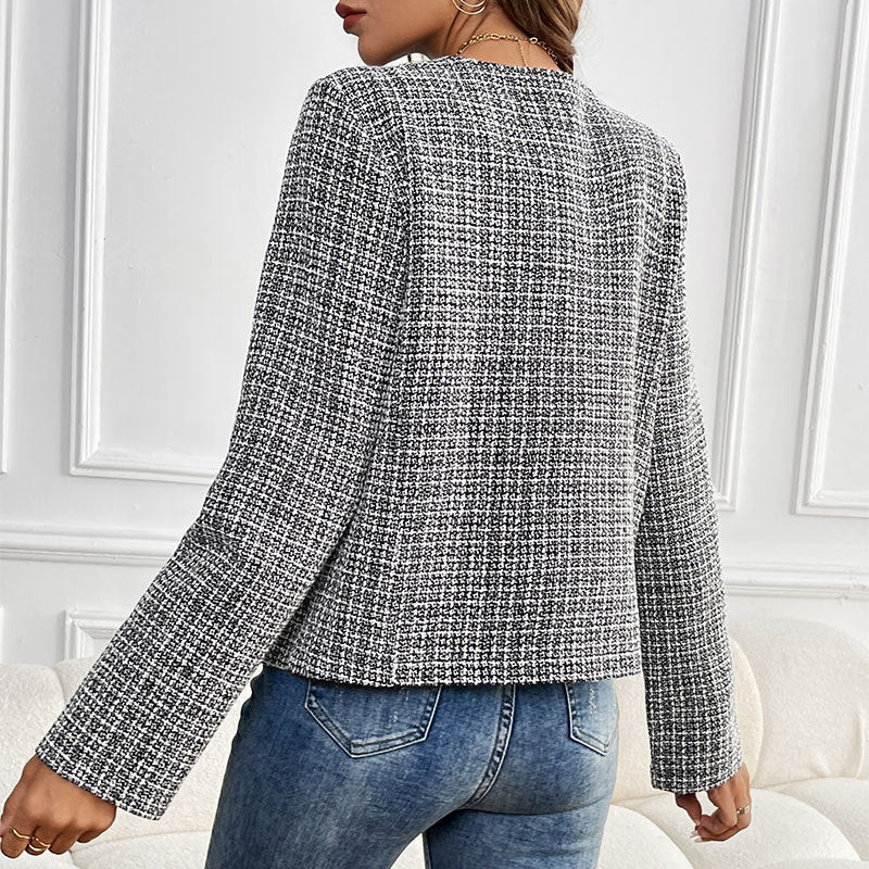 Elegant Women's Tweed Jacket with Double-Breasted Button Placket and Textured Fabric
