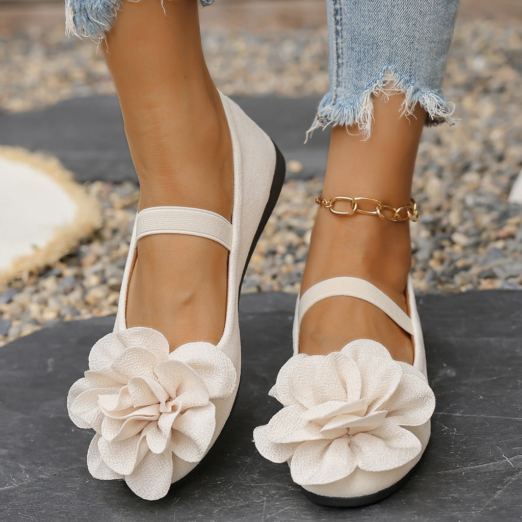 Women's Ballet Flats with Floral 3D Flower Design and Elastic Strap