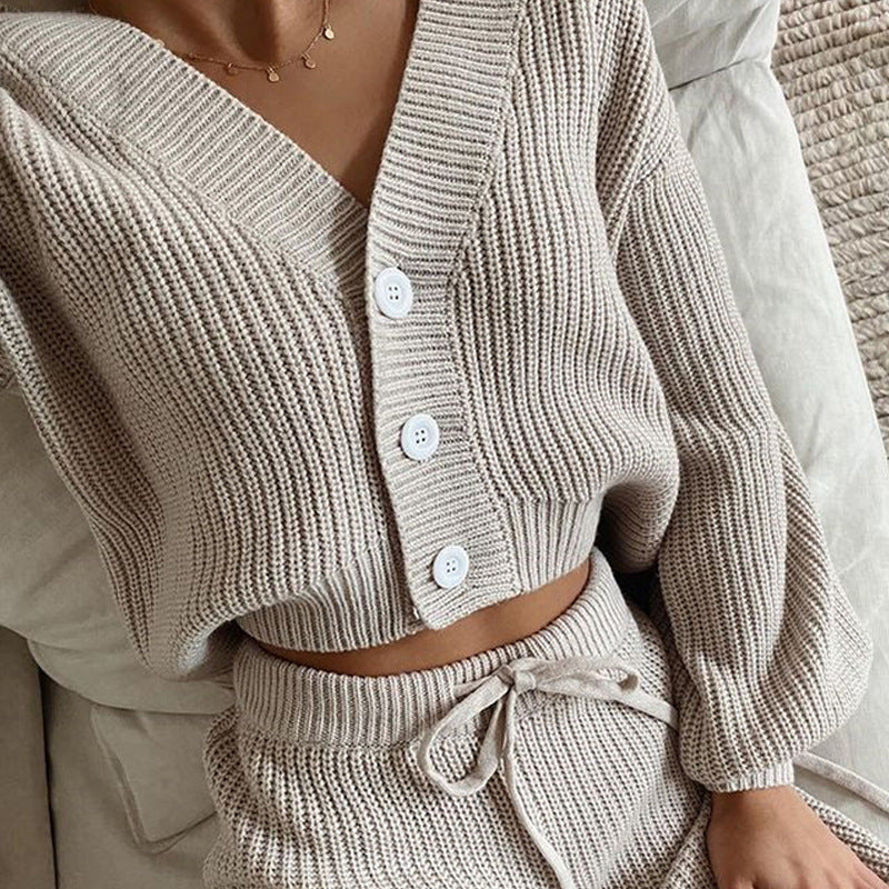 Women's Knit Loungewear Set with Buttons and Drawstring