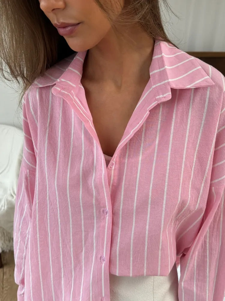 Women's Casual Blouse with Fine Stripes and Generous Cut