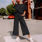 Women's Casual Jumpsuit Set in Soft Material with Elastic Waistband and Wide-Legged Pants