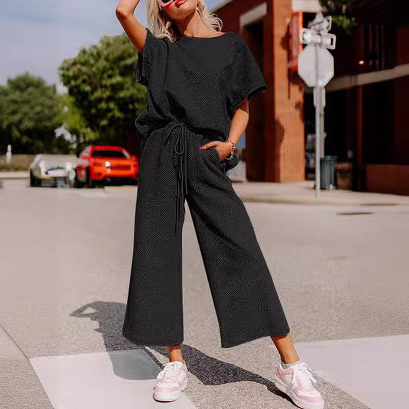 Women's Casual Jumpsuit Set in Soft Material with Elastic Waistband and Wide-Legged Pants