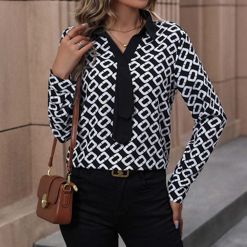 Women's Elegant Blouse with Modern Graphic Pattern and Tie Closure