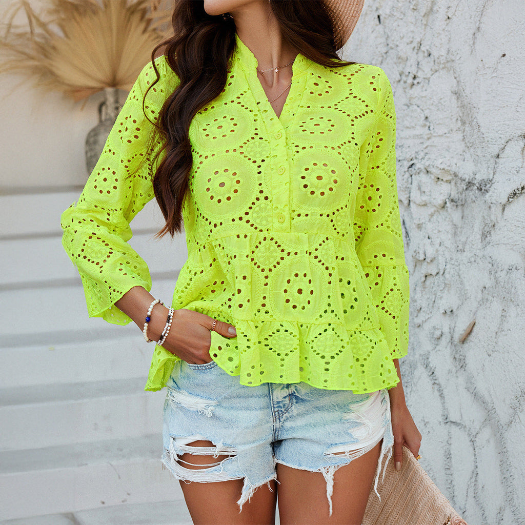 Women's Blouse with Eyelet Pattern and Flared Sleeves