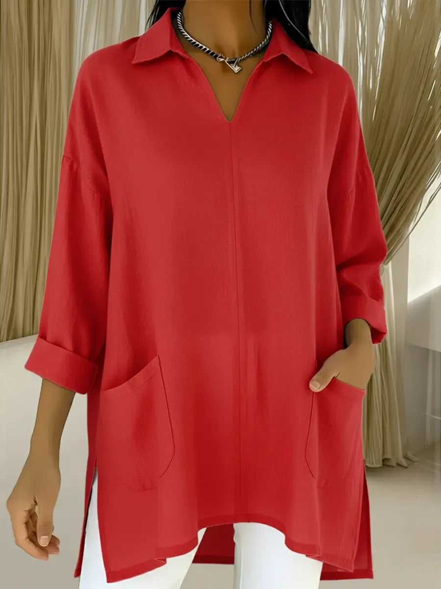 Women's Long-Sleeve Blouse with V-Neck and Pockets