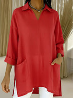 Women's Long-Sleeve Blouse with V-Neck and Pockets