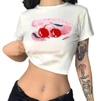 Women's Crop T-Shirt with Cherry Motif