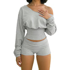 Asymmetrical One-Shoulder Lounge Set with Crop Top and Cuffed Shorts
