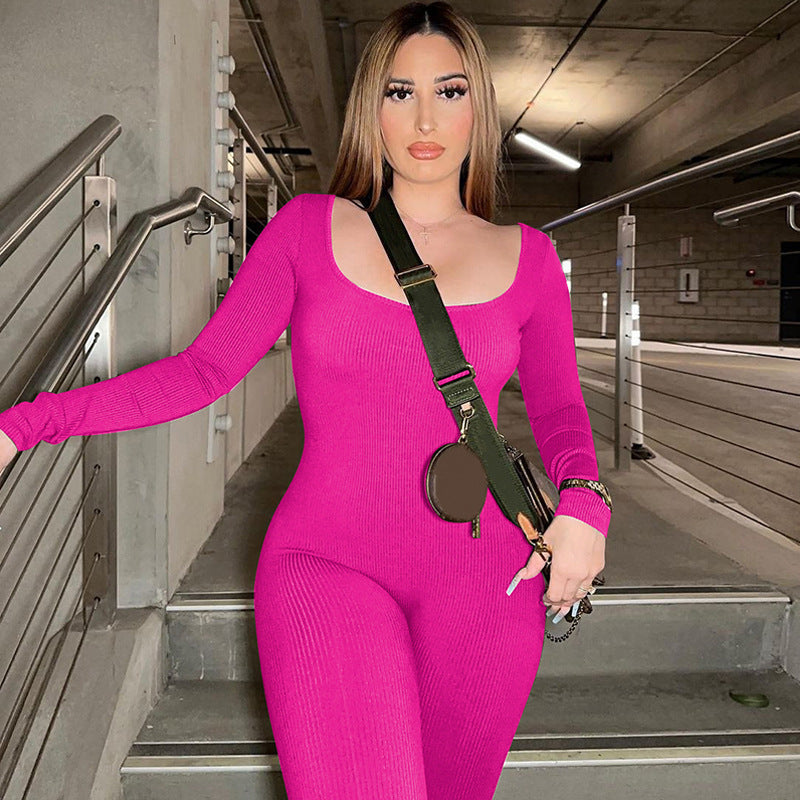 Women's Form-Fitting Long-Sleeve Ribbed Jumpsuit