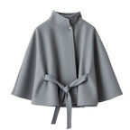 Elegant Cape Jacket with Tie Belt and High Collar