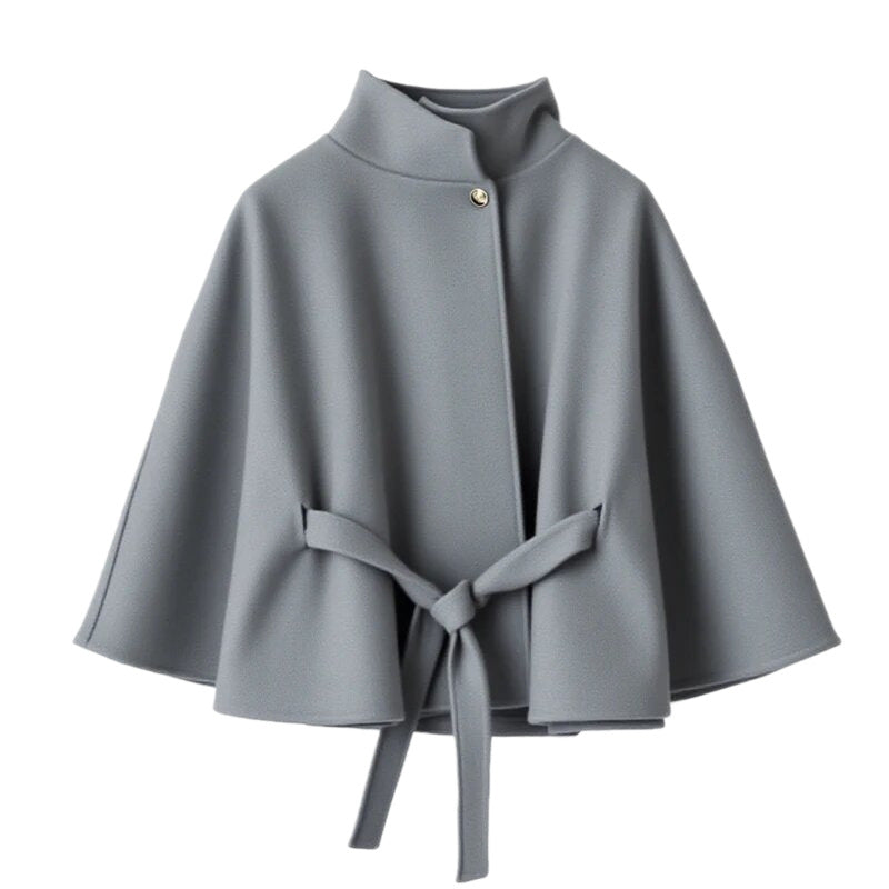Elegant Cape Jacket with Tie Belt and High Collar