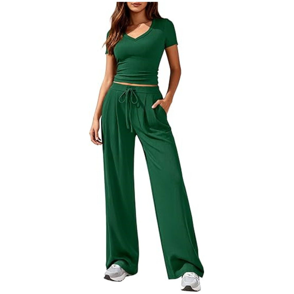 Ladies Casual Lounge Set with Tailored V-Neck Cropped Top and Loose Drawstring Pants